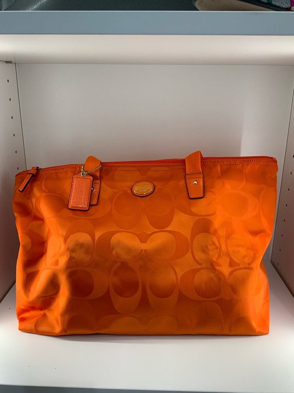 Pre Owned Coach Orange Tote Zip Top Nylon CC Print